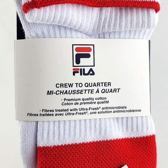 ⭐3/ $30⭐ FILA Heritage Unisex 2 Design In 1 Crew To Quarter Socks White Red - Picture 6 of 8
